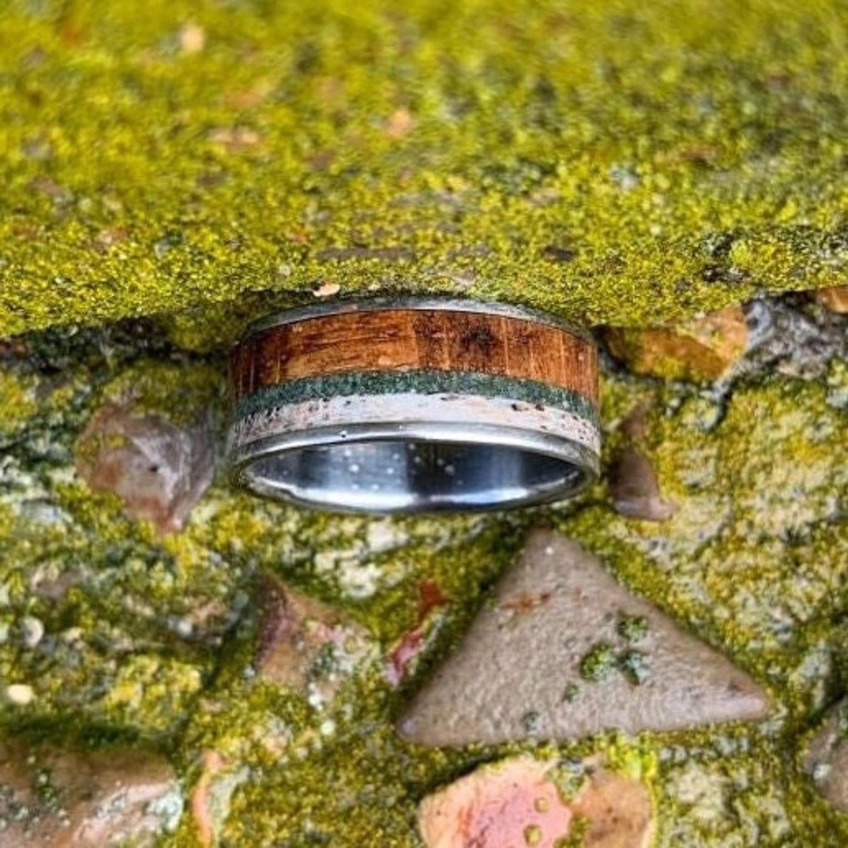The ring positioned upright among wet rocks and green patches of moss.