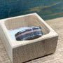 A titanium ring featuring an inlaid band of textured meteorite and a thin center stripe of shimmering champagne opal, resting inside a small open wooden box.