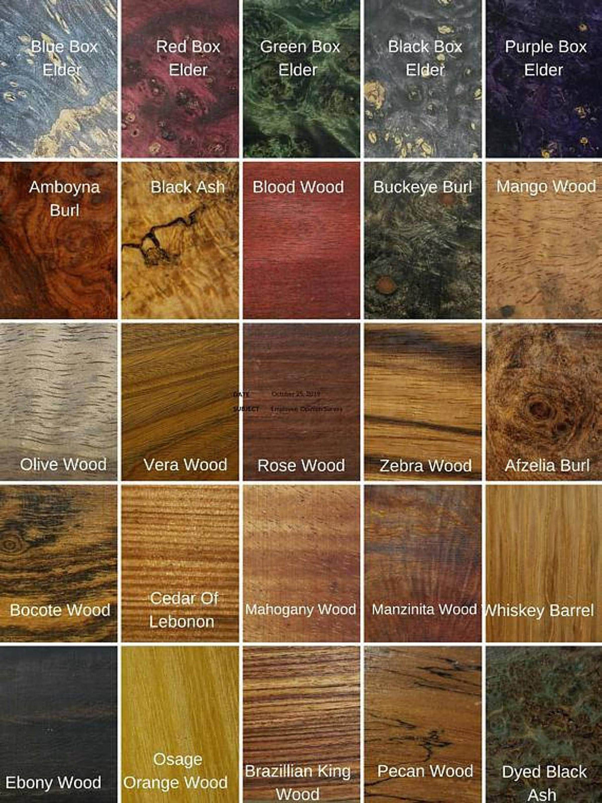 A grid displaying twenty samples of different wood types, each labeled with its name in white text.