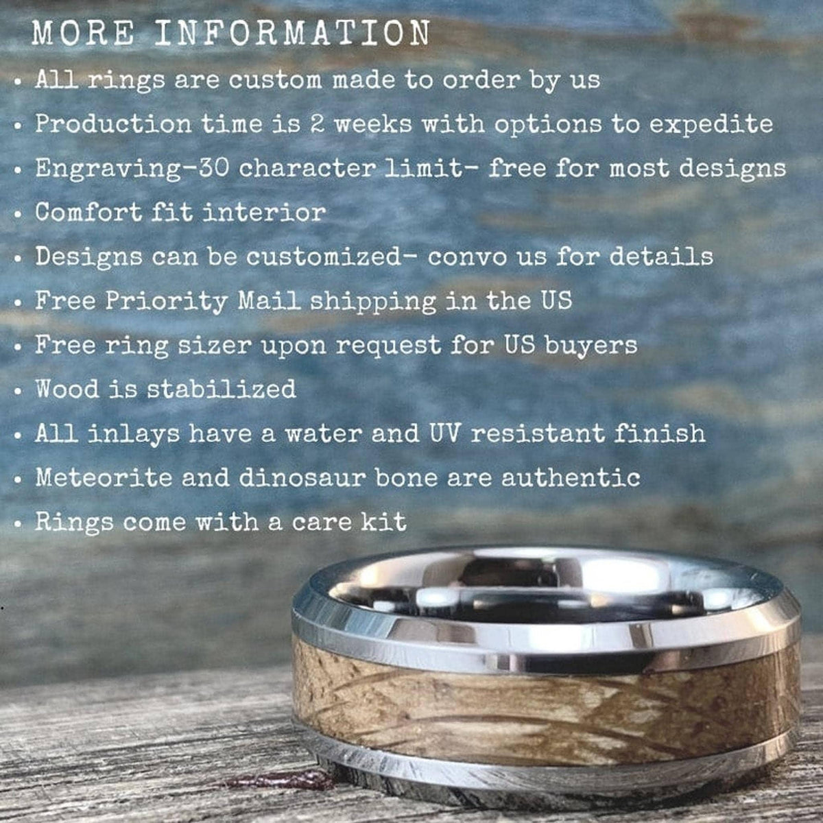 An informational graphic listing custom order details, production times, and material facts above a ring sample.