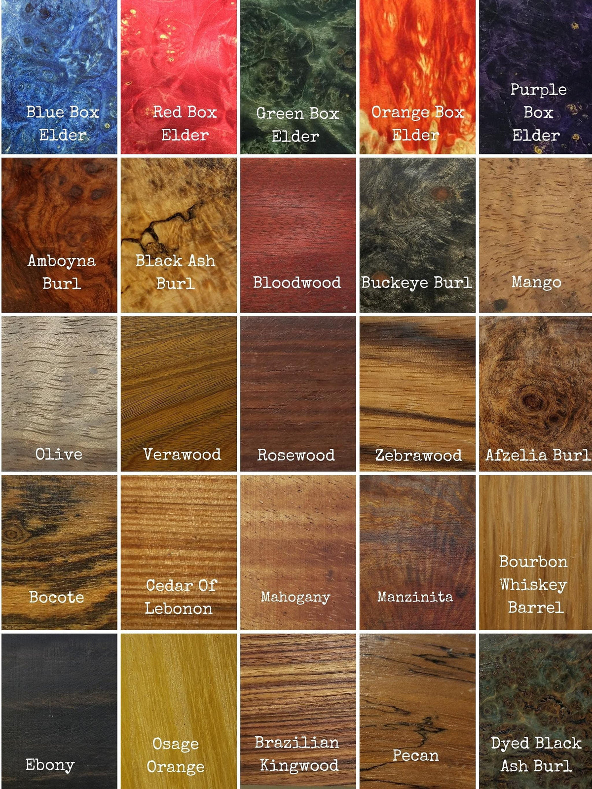 A grid of twenty-four sample swatches showcasing various colored woods and burls, each labeled with its material name.