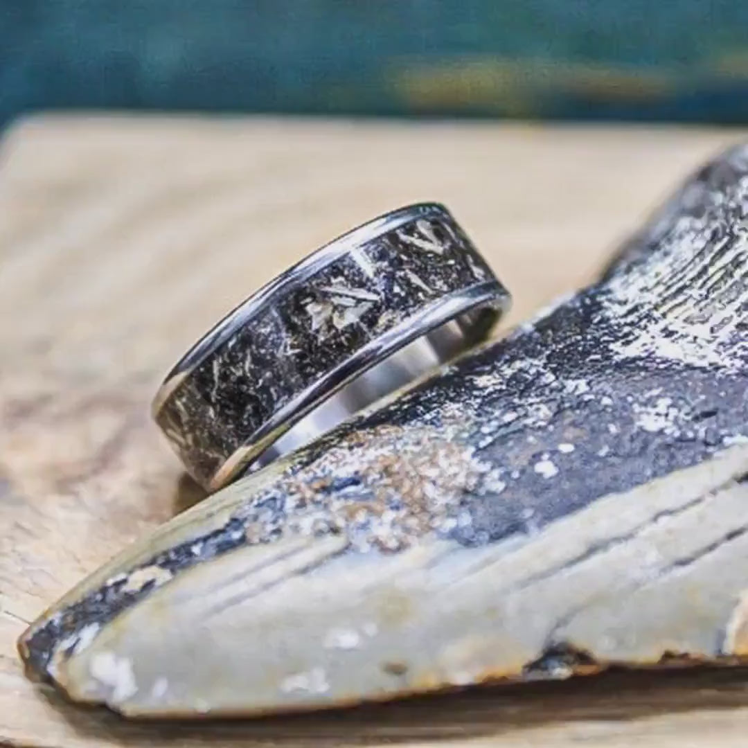 Handmade titanium megalodon tooth ring with genuine fossil inlay
