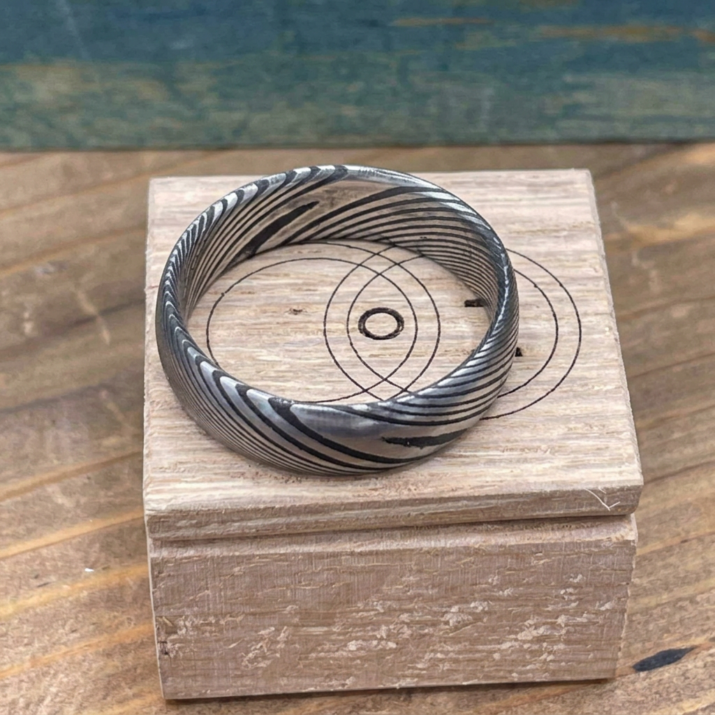 Damascus steel wedding band by RobandLean's rings, square-shaped design with intricate layered pattern on polished metal surface.