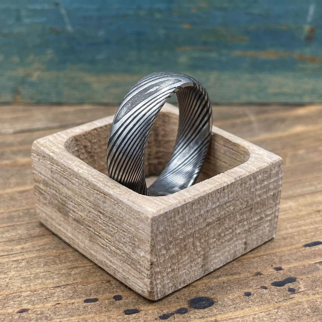 Damascus Steel wedding band by RobandLean's rings featuring a square-shaped, textured pattern on a sleek silver finish.