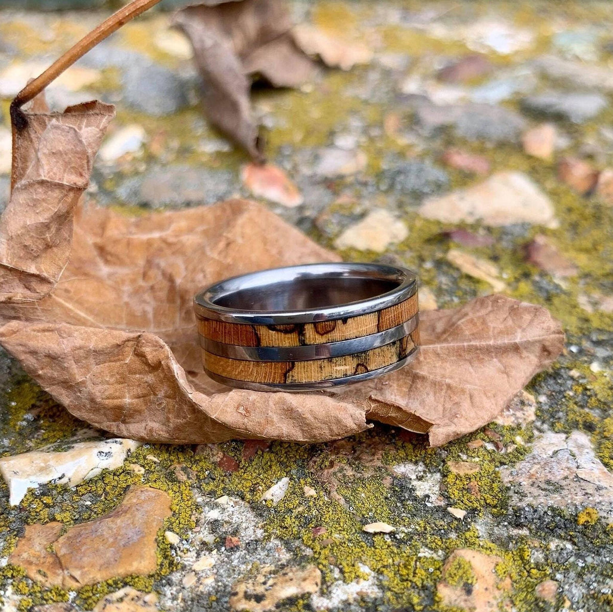 Men's titanium wedding band with pecan wood inlay, western-inspired design, by RobandLean's rings, shown with ring sizer.