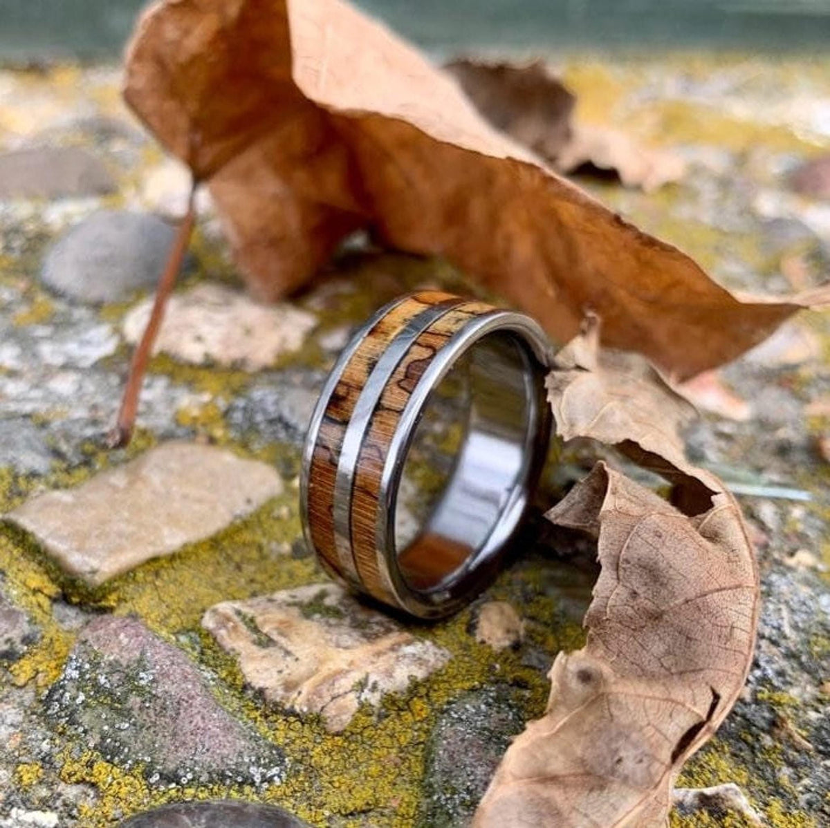 Men's titanium wedding band with pecan wood inlay, Western-inspired design by RobandLean's rings.