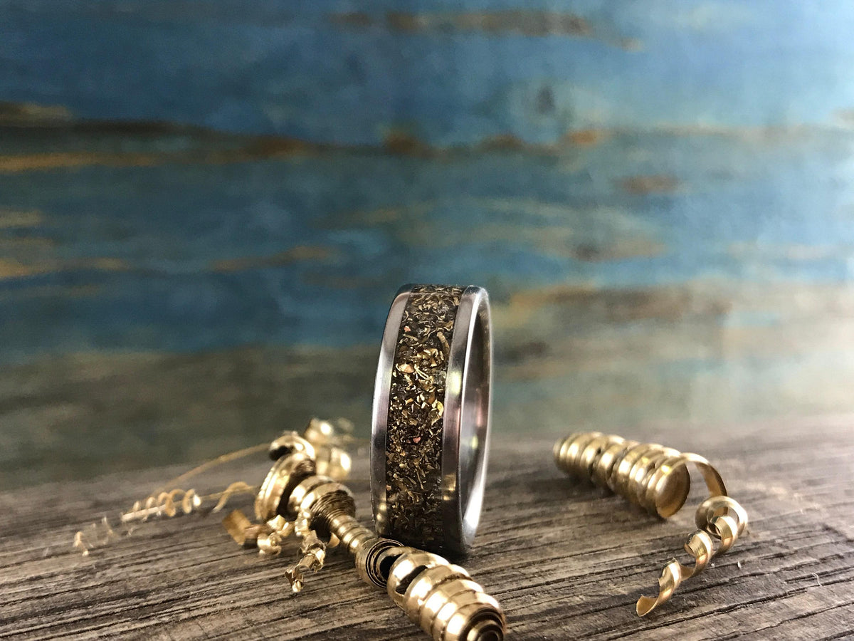 Recycled gold men's titanium wedding band with a 3.5mm width, eco-friendly design, from RobandLean's rings collection.