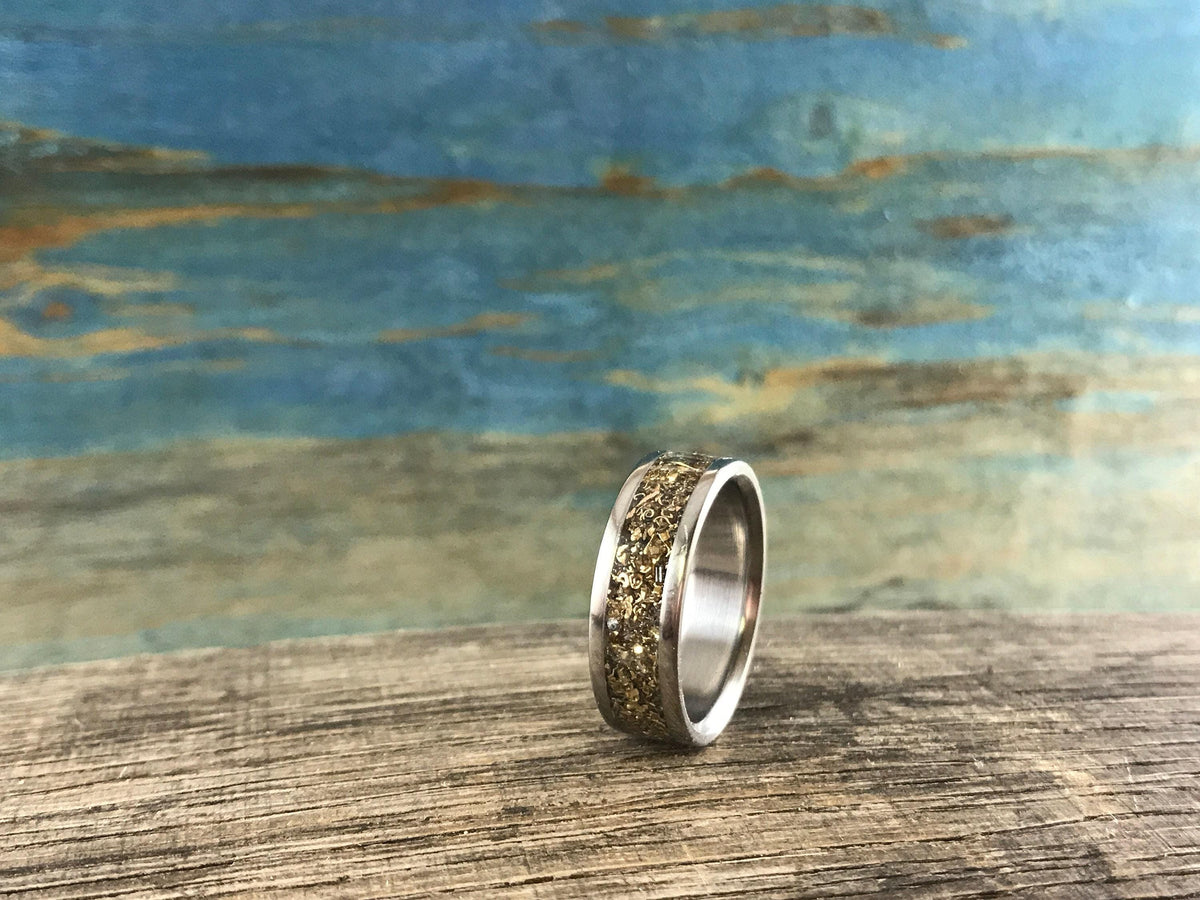 Recycled gold men's titanium wedding band from RobandLean's rings with a sleek 3.5mm design, eco-friendly and stylish.