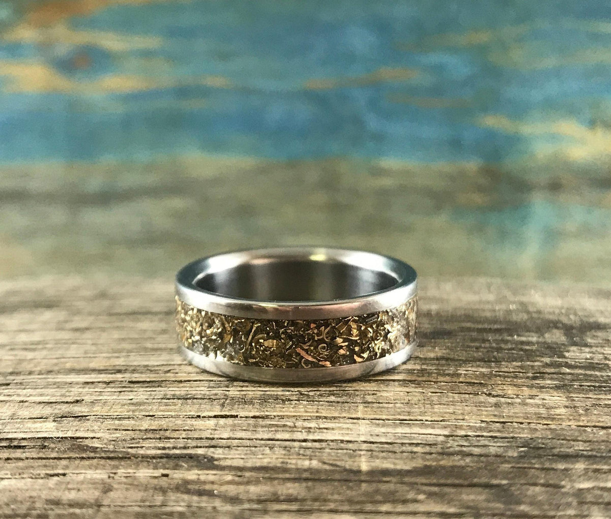 Recycled gold men's titanium wedding band with a 3.5mm width, eco-friendly design, from RobandLean's rings collection.