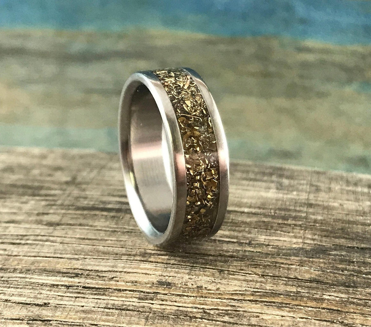 Recycled gold men's wedding band with titanium, eco-friendly RobandLean's rings, 3.5mm width, shown with ring sizer.