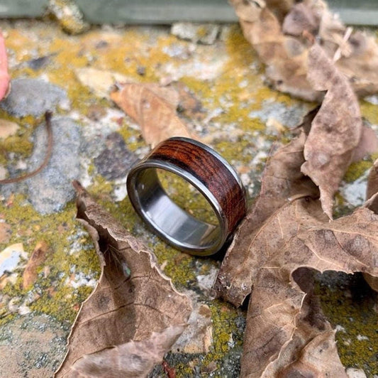 Titanium wedding band with exotic bocote wood inlay for men, featuring a sleek 3.5mm design from RobandLean's rings collection.