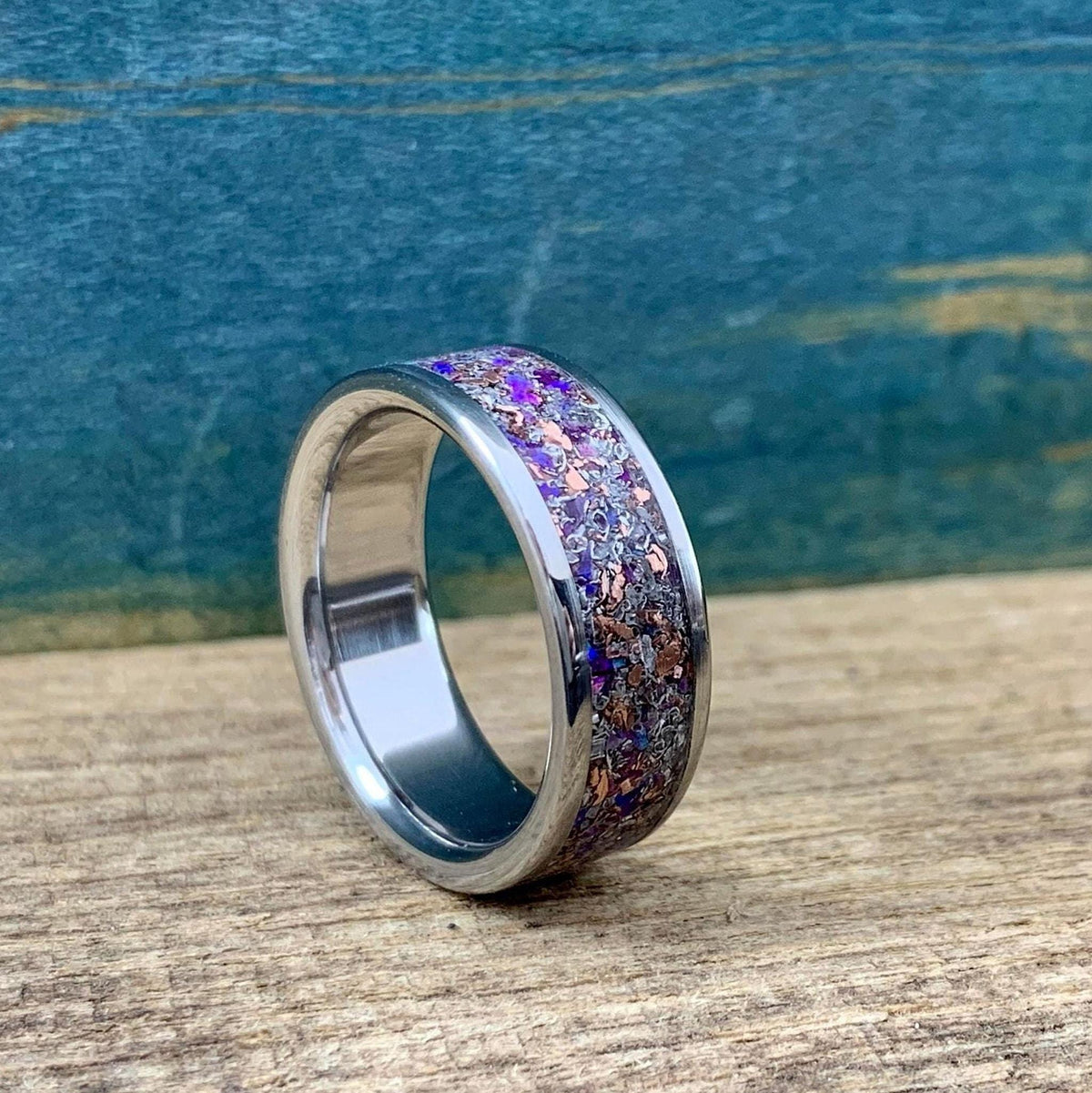 Mens titanium meteorite wedding band with purple opal, amethyst, and sugilite accents, featuring a sleek 3mm design.