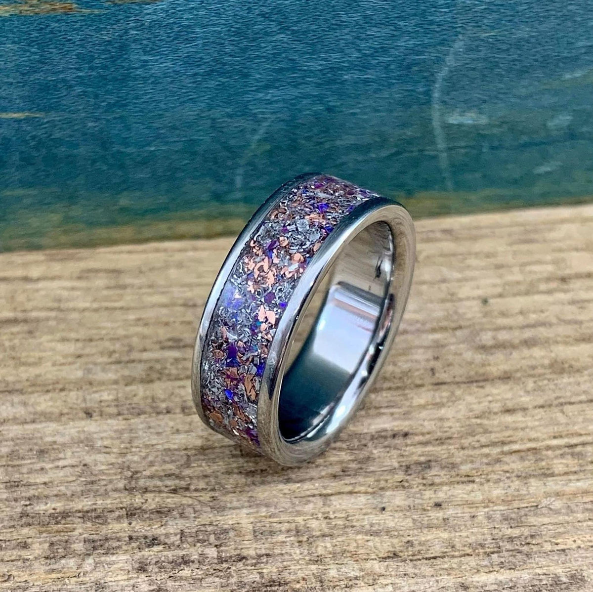 Men's meteorite wedding band by RobandLean's rings, titanium with purple opal, amethyst, and sugilite in a sleek design.