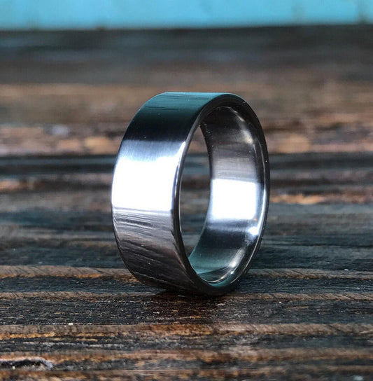 RobandLean's titanium men's wedding band with aerospace-grade titanium, comfort fit design, 3mm width, shown on ring sizer.