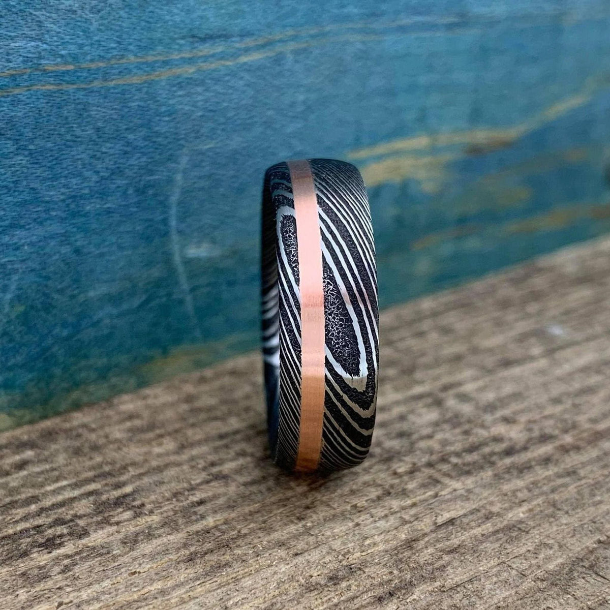 Damascus steel and copper men's wedding band with inlay, stainless steel RobandLean's rings wedding band, detailed and stylish.