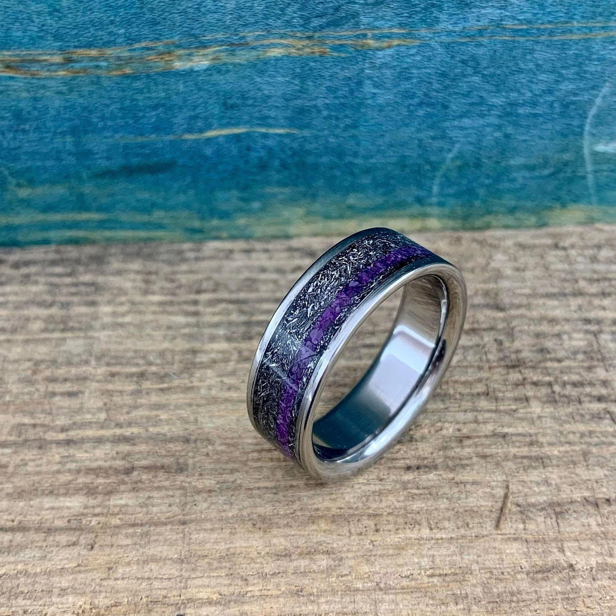 RobandLean men's wedding band featuring titanium, Gibeon meteorite inlay, and purple Sugilite gemstone.