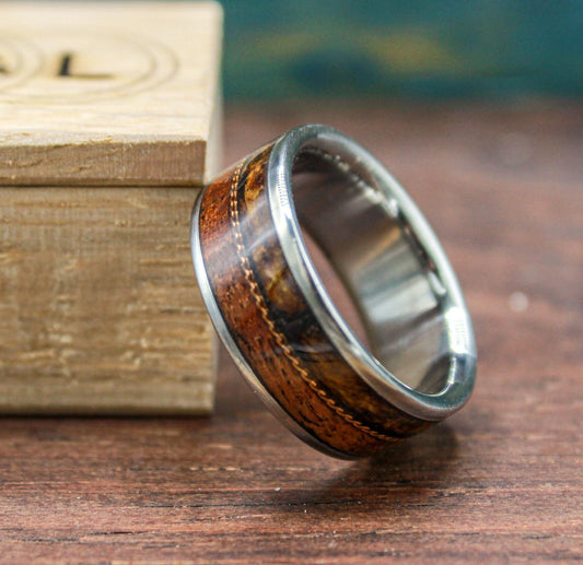 Rustic men's wedding band with titanium, leather, copper, and wood inlays, featuring a 5.5mm width from RobandLean's rings.