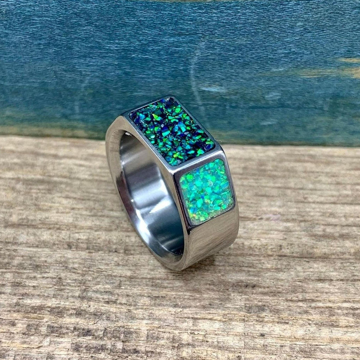 Men's green opal signet style wedding band made of titanium, from RobandLean's rings collection.