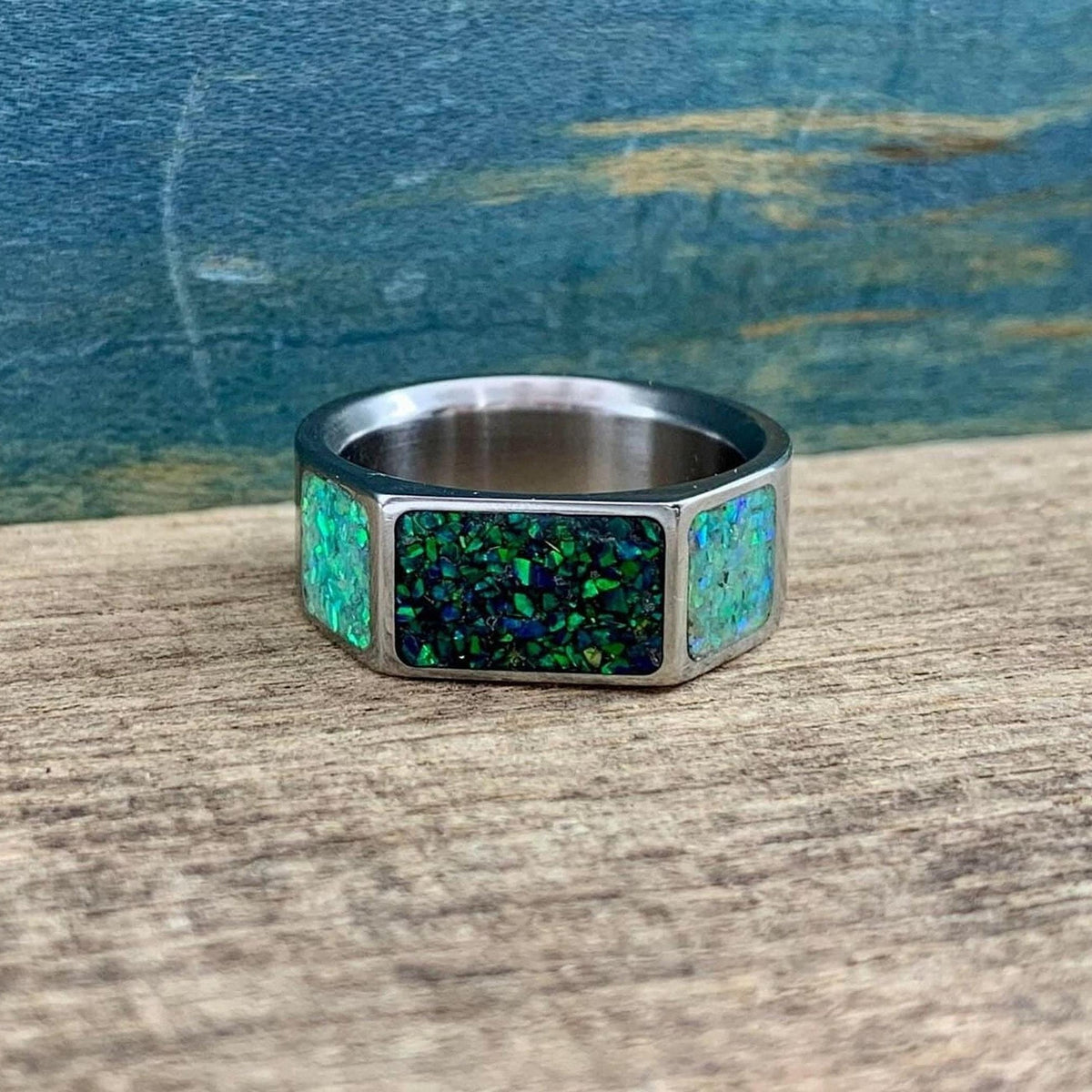 Men's green opal signet wedding band by RobandLean, featuring a titanium band with a polished finish.