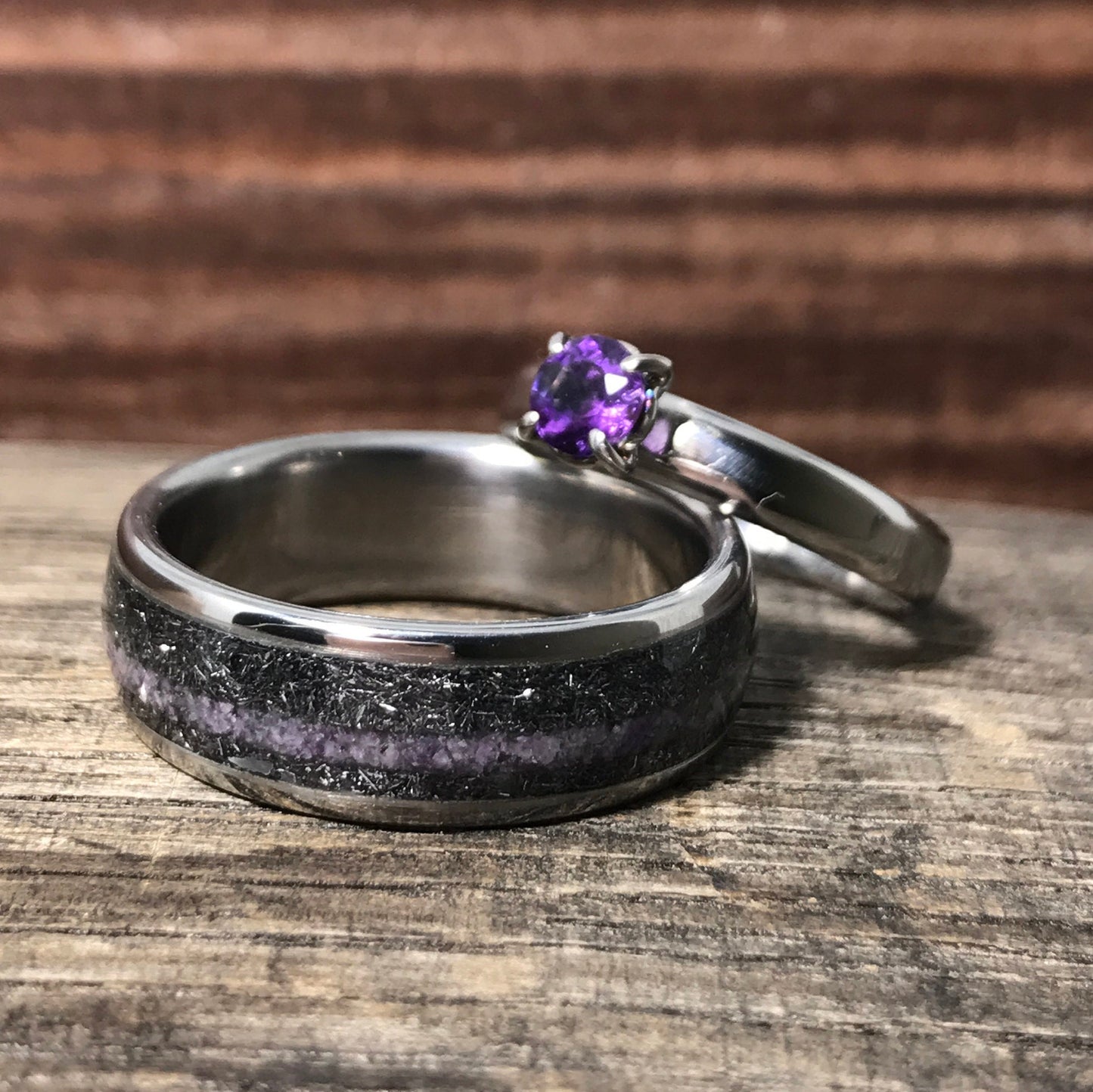 Wedding Band Set, Wedding Bands His and Hers, Meteorite Wedding Band Set, Mens ring, Womens Ring, Meteorite Ring, Amethyst Engagement Ring