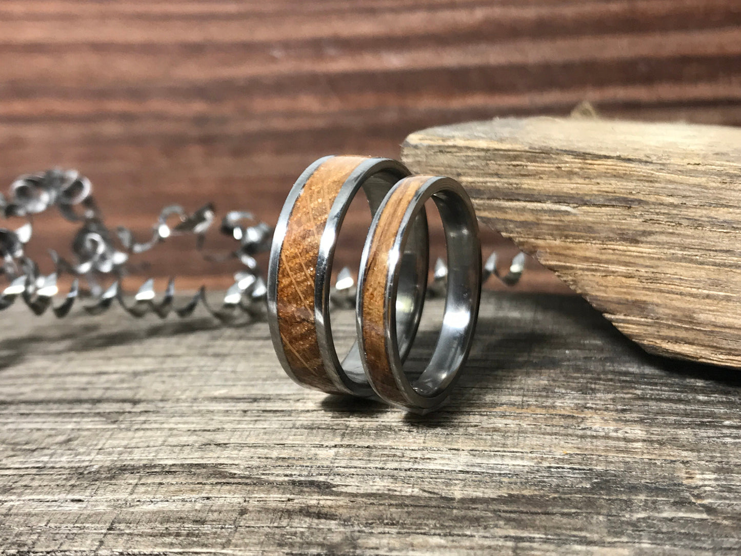 Whiskey Barrel Wood Rings - Wedding Bands Set - 5th Anniversary Gift - Titanium Ring for Men