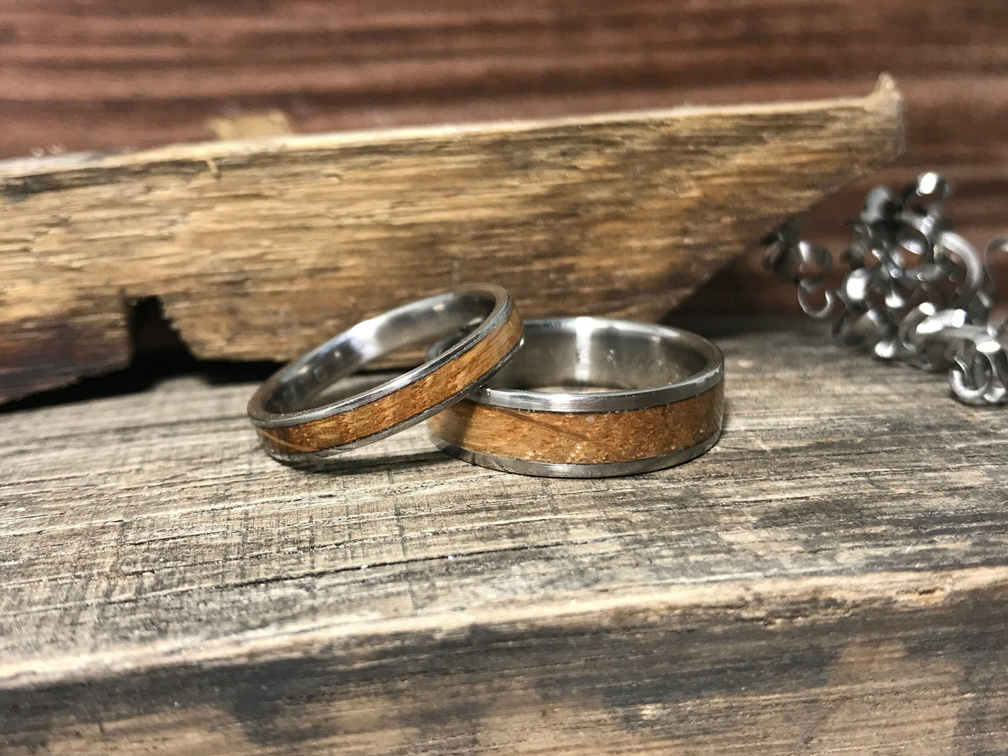 Whiskey Barrel Wood Rings - Wedding Bands Set - 5th Anniversary Gift - Titanium Ring for Men