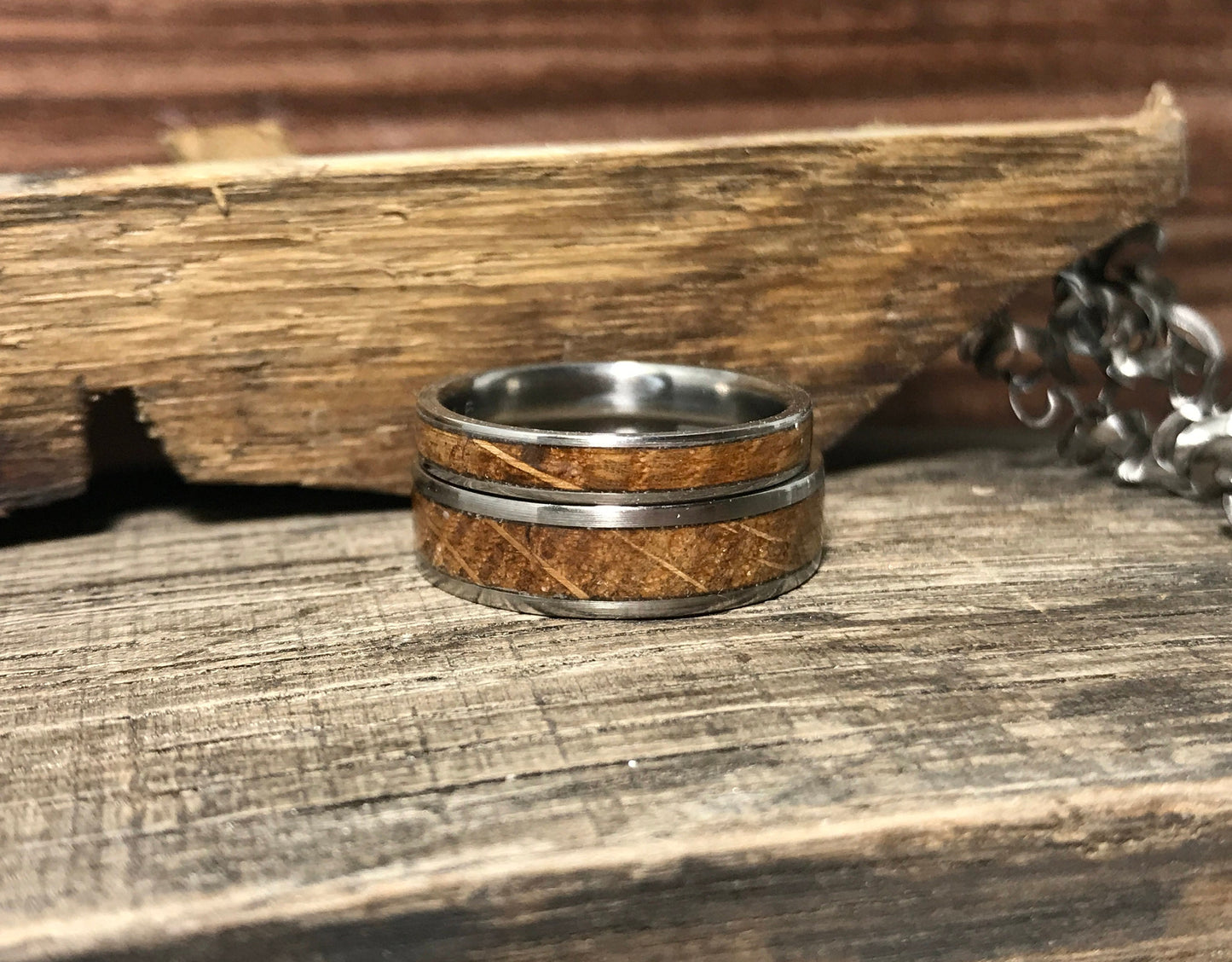 Whiskey Barrel Wood Rings - Wedding Bands Set - 5th Anniversary Gift - Titanium Ring for Men