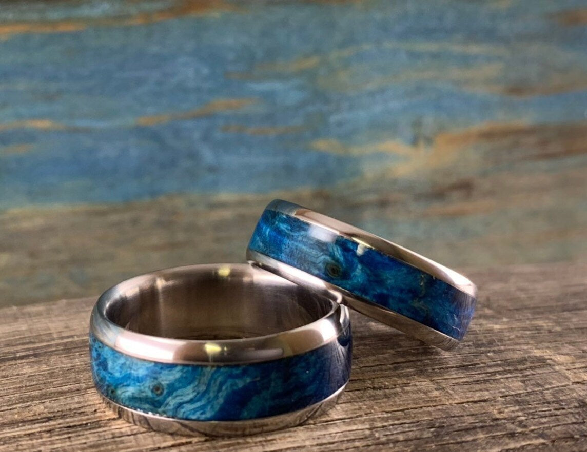 Titanium and Blue Wood Wedding Rings Set - Custom Made His and Hers Wedding Bands