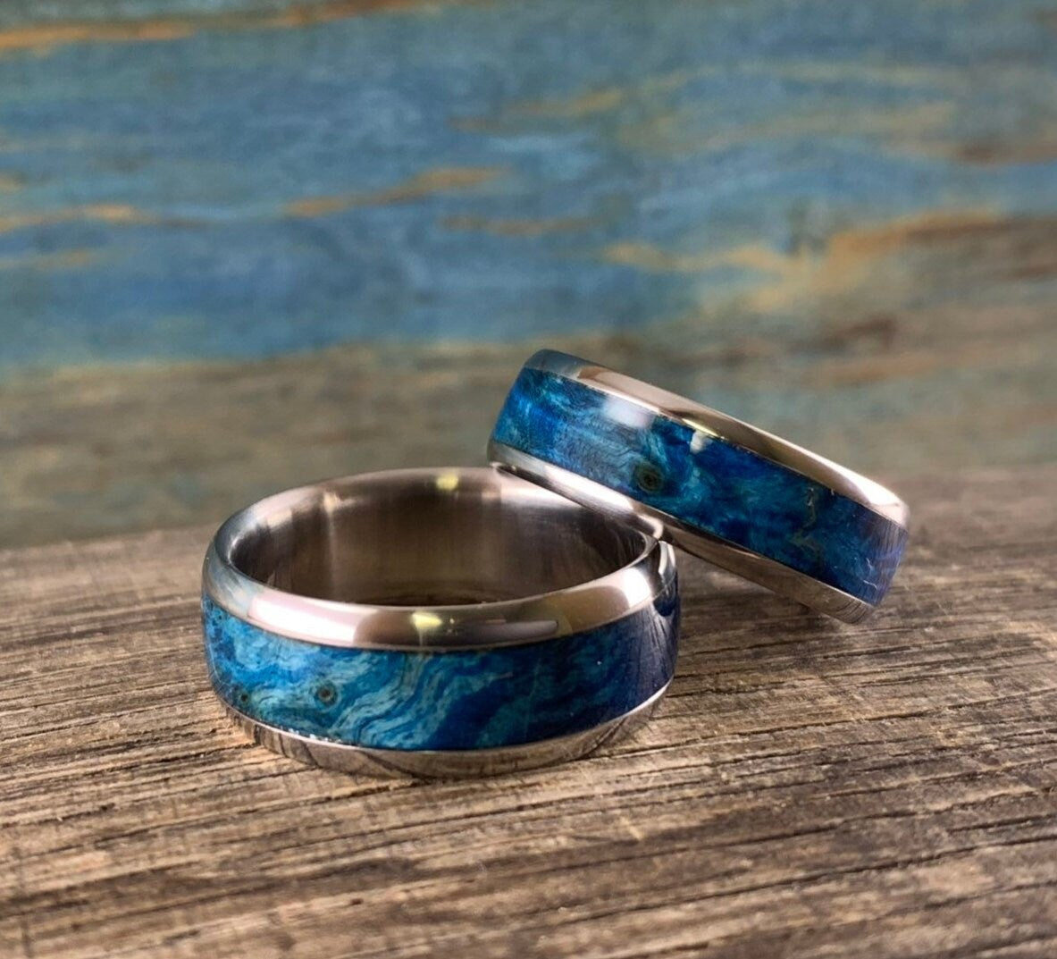 Titanium and Blue Wood Wedding Rings Set - Custom Made His and Hers Wedding Bands