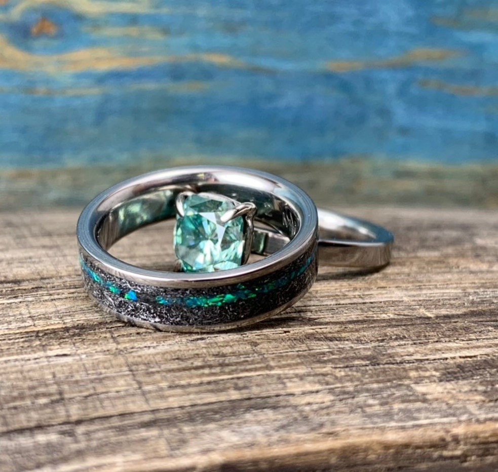 Engagement Rings Set - Titanium Wedding Rings Set with Opal, Moissanite, and Meteorite