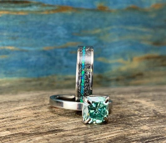 Engagement Rings Set - Titanium Wedding Rings Set with Opal, Moissanite, and Meteorite