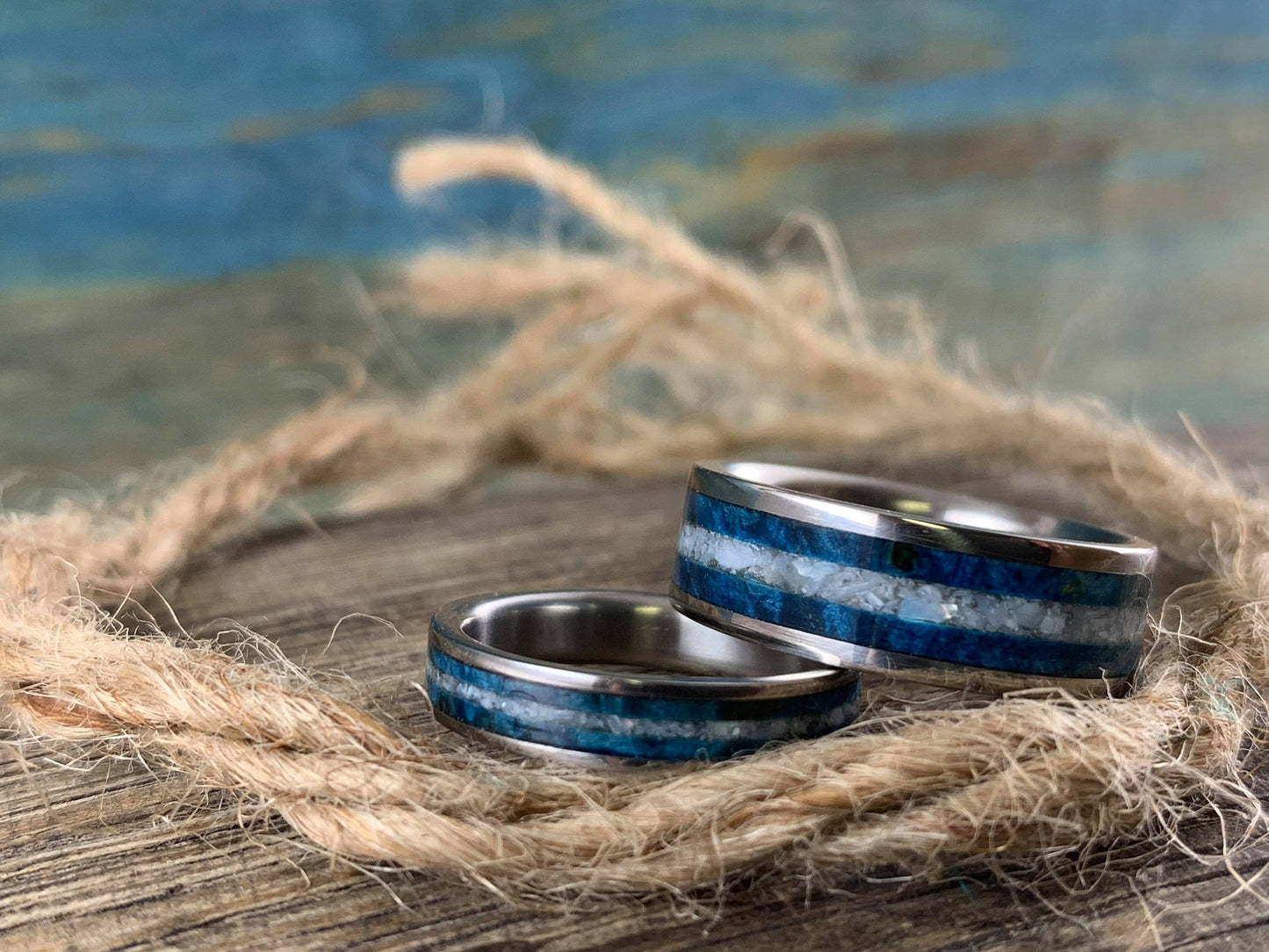 Matching His and Hers Rings - Titanium Wedding Bands Set with Blue Wood and Pearl