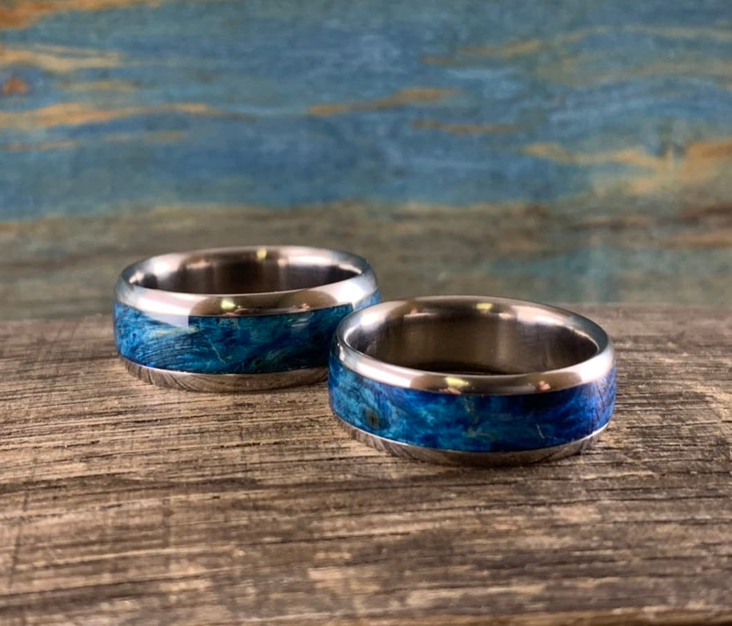 Titanium and Blue Wood Wedding Rings Set - Custom Made His and Hers Wedding Bands