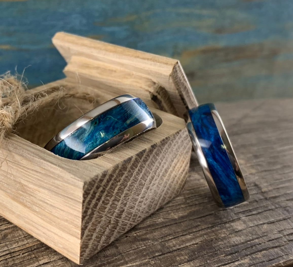 Titanium and Blue Wood Wedding Rings Set - Custom Made His and Hers Wedding Bands