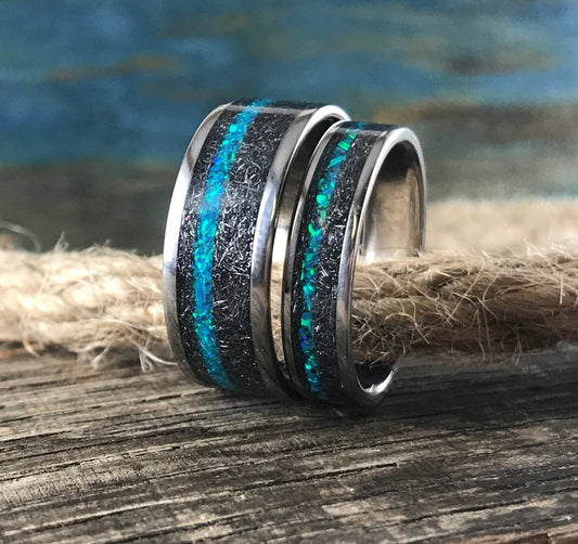 Meteorite Rings Set - His and Hers Wedding Bands Set - Opal Engagement Rings