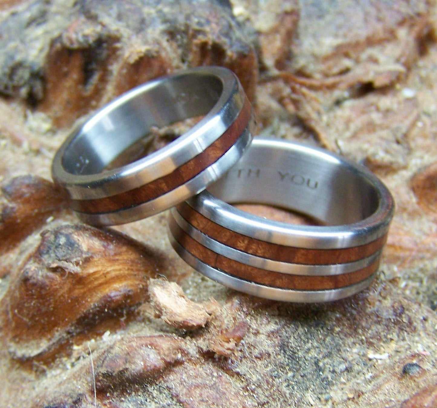 His and Hers Matching Titanium and Manzanita  Ring Set - Titanium and Wood Wedding Bands - Couples Rings Set