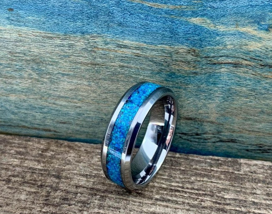 Unique Mens Ring - Mens Wedding Band - Tungsten Ring - Mens Opal Ring