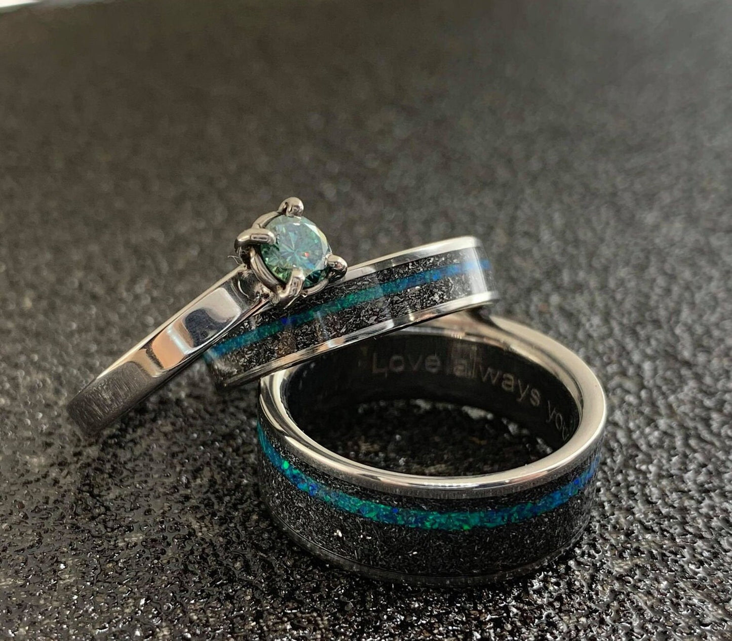 His and Hers Wedding Band Set - Matching Titanium Wedding Bands with Meteorite, Opal and Moissanite - Engagement Ring