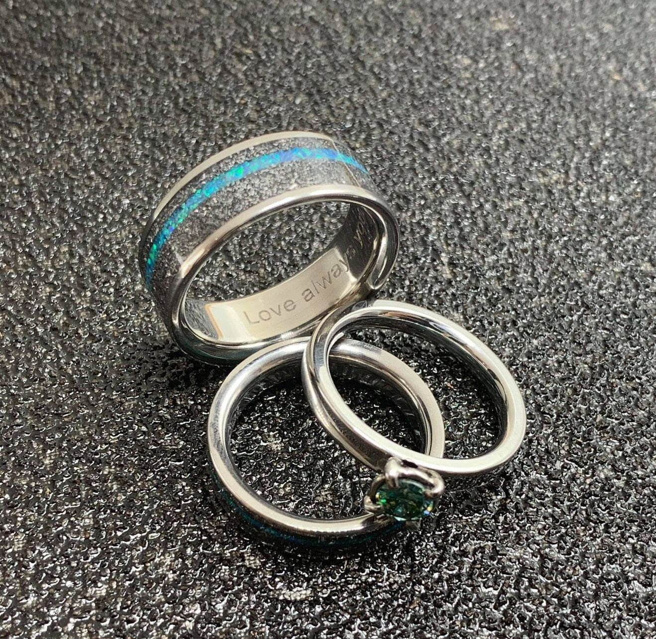 His and Hers Wedding Band Set - Matching Titanium Wedding Bands with Meteorite, Opal and Moissanite - Engagement Ring