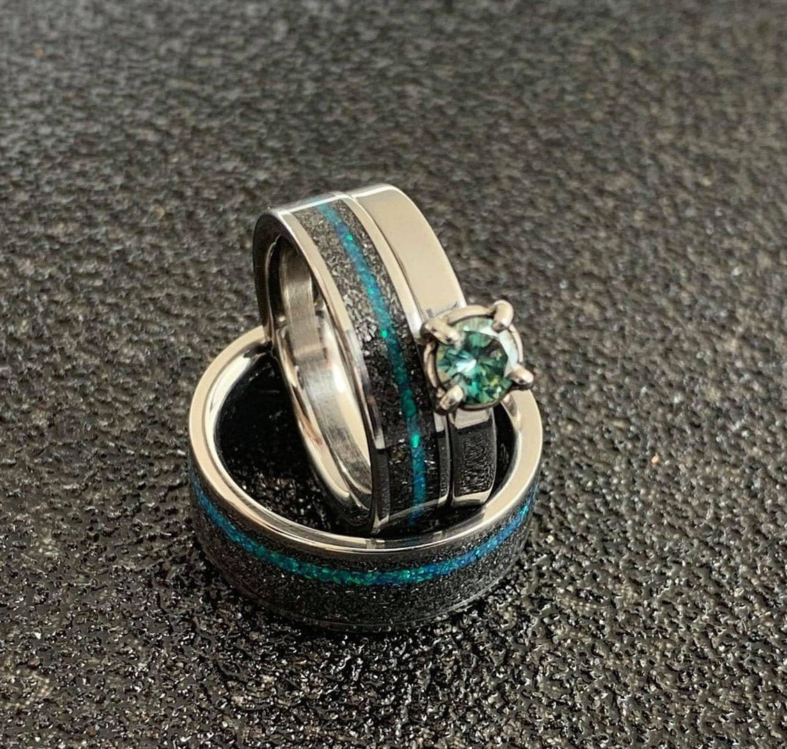 His and Hers Wedding Band Set - Matching Titanium Wedding Bands with Meteorite, Opal and Moissanite - Engagement Ring