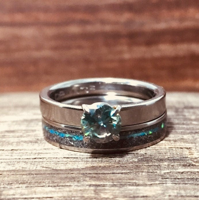 Wedding Band Set For Her, Wedding Bands Hers, Meteorite Blue Opal Wedding Band Set, Women's Rings, Moissanite Engagement Ring, Womens Rings