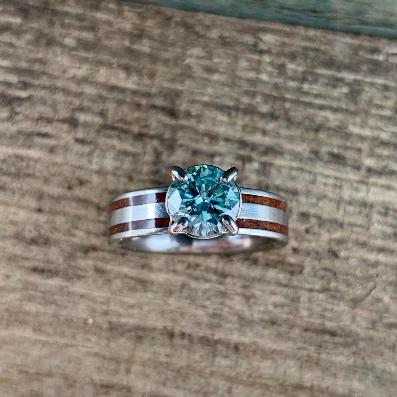 The Celeste Ring - Blue Moissanite and Wood Wedding Band for Her