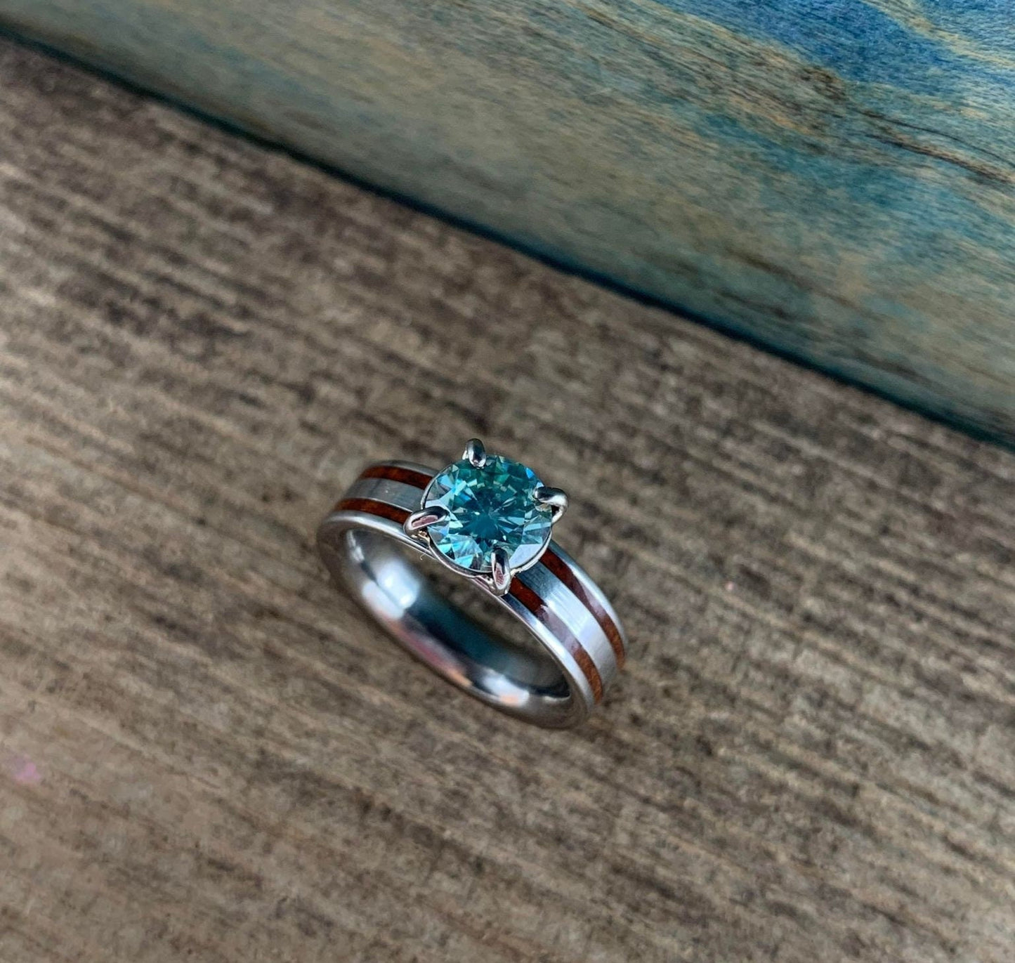 The Celeste Ring - Blue Moissanite and Wood Wedding Band for Her