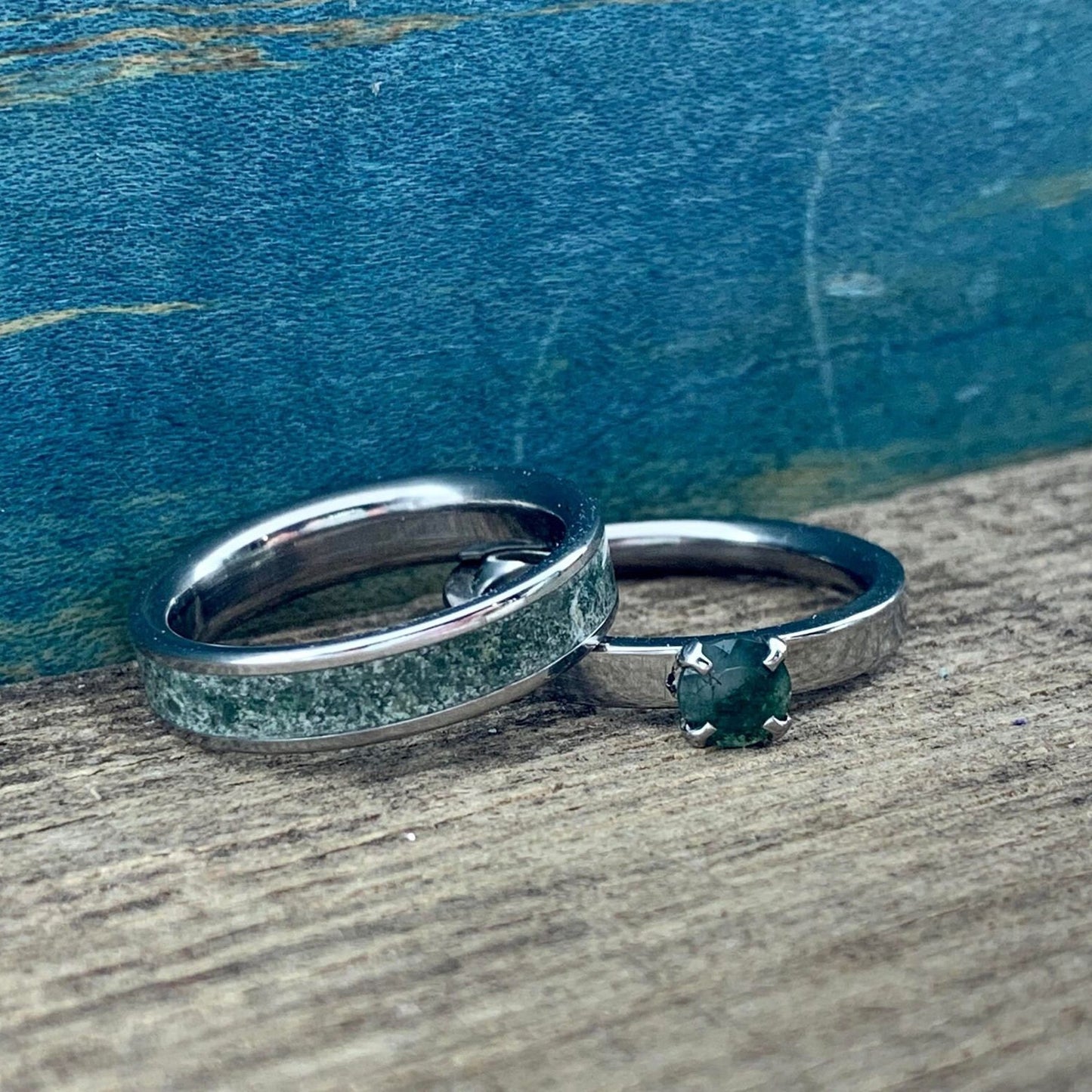 Moss Agate Wedding Band Set - Moss Agate Engagement Ring - Moss Agate and Titanium Ring - His and Hers Matching Rings