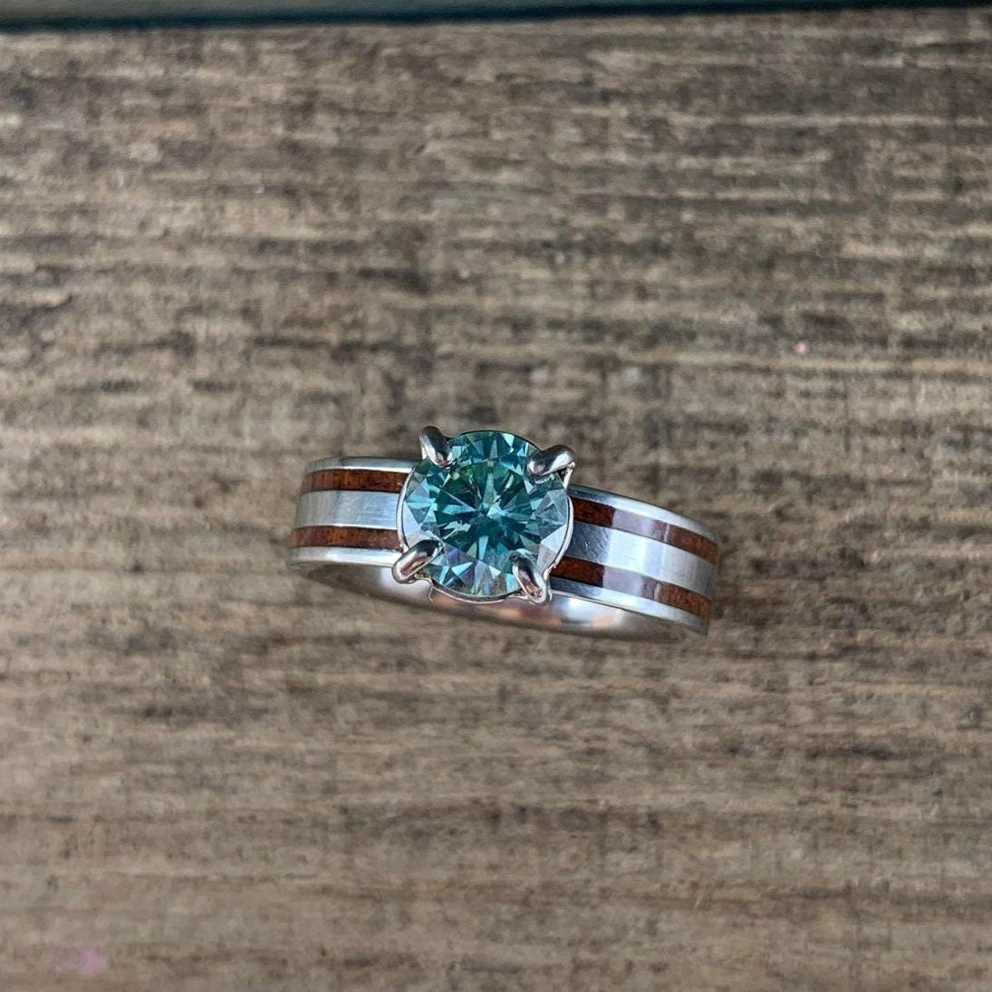 The Celeste Ring - Blue Moissanite and Wood Wedding Band for Her