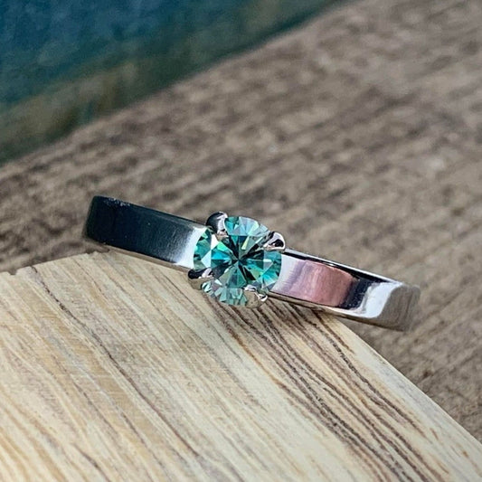 Titanium Engagement Ring for Her- Blue Green Moissanite Solitaire