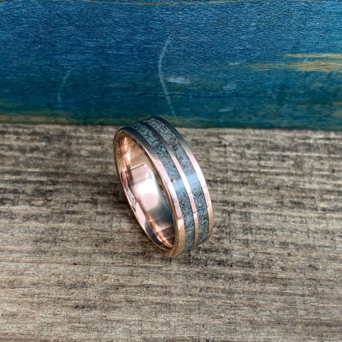 Men's Rose Gold and Moss Agate Ring - Moss Agate Ring for Him - Rose Gold Men's Wedding Band