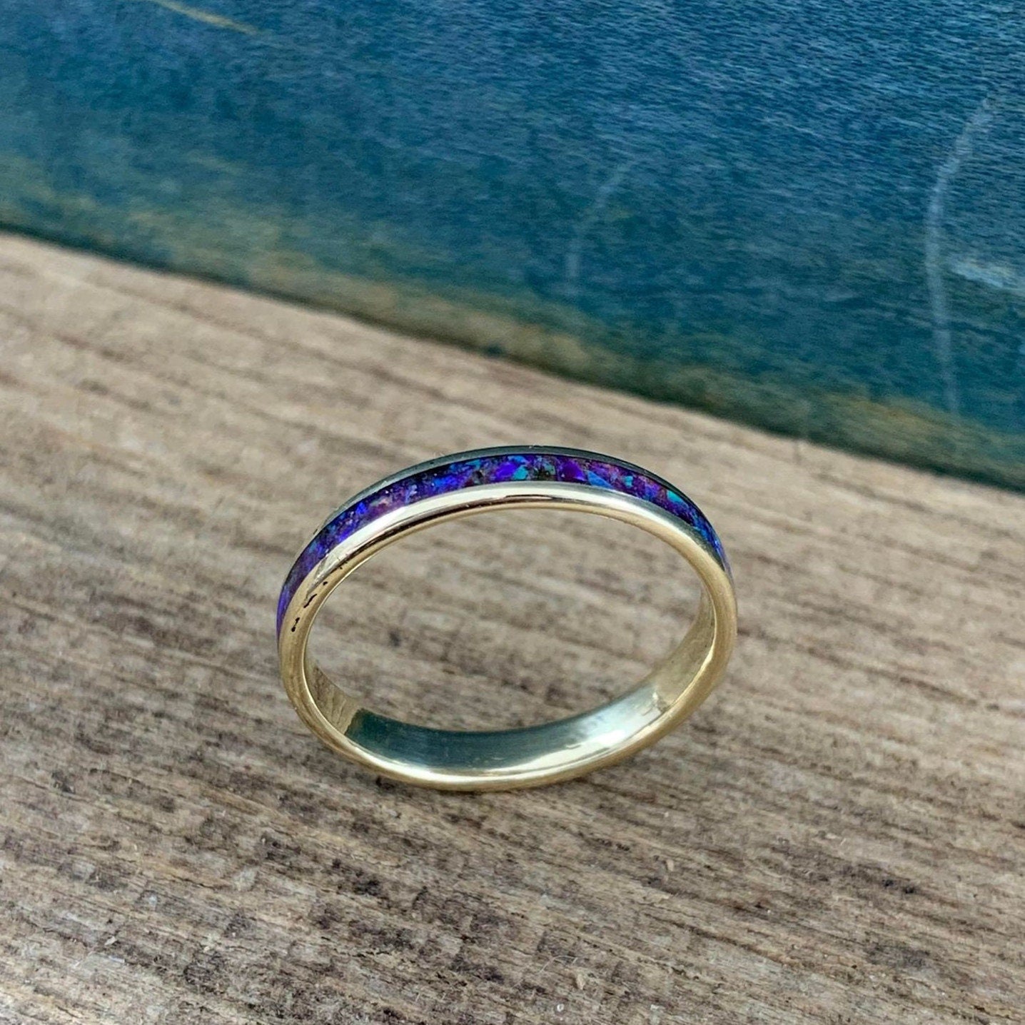 Purple Opal and Yellow Gold Wedding Ring - The Aurora - Ladies Engagement Band - Opal Engagement Ring