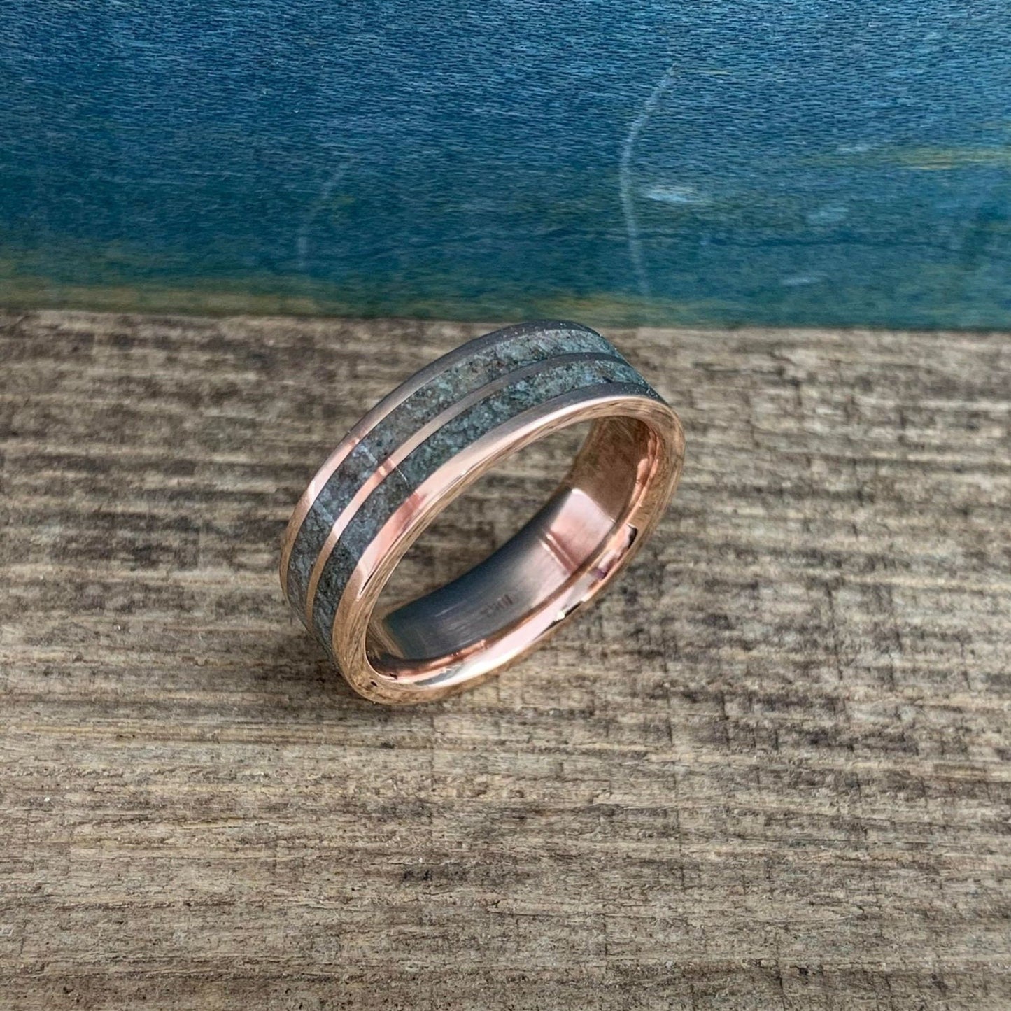 Men's Rose Gold and Moss Agate Ring - Moss Agate Ring for Him - Rose Gold Men's Wedding Band