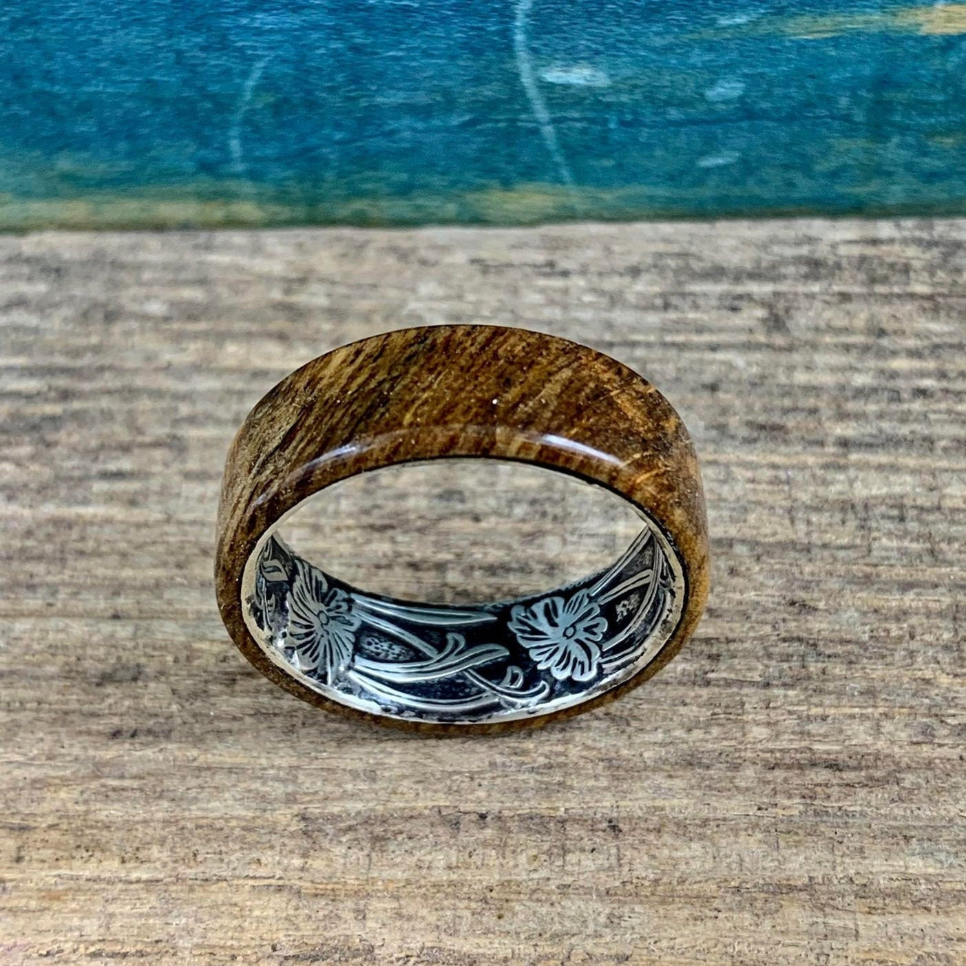 English Oak Wood and Sterling Silver Ring- Floral Wedding Ring